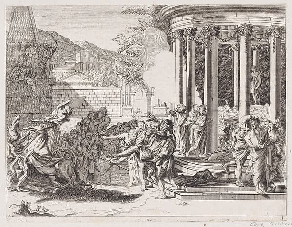 Sinorix being carried from the temple after being poisioned, by Arnold van Westerhout