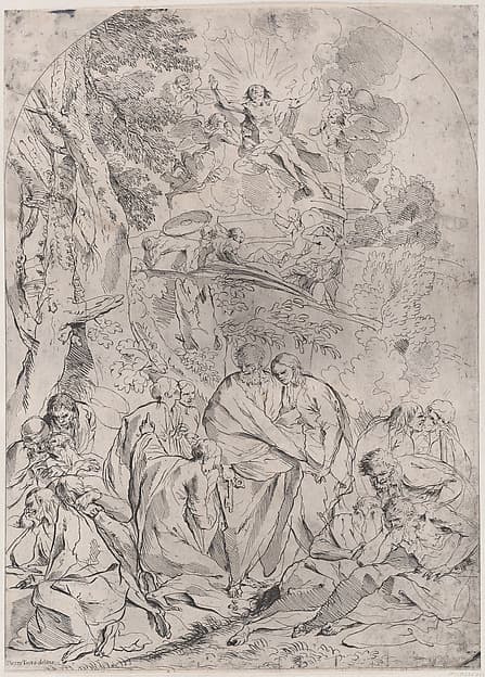 Saint Peter standing in the centre surrounded by Apostles distraught at the death of Christ who is shown ascending from the tomb in the upper section, by François Collignon