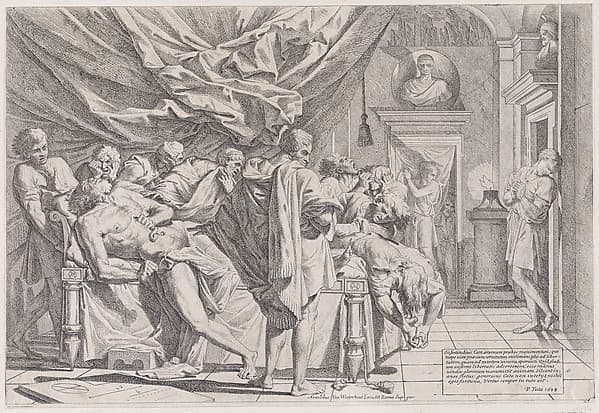 The suicide of the philosopher Cato, who lies on his bed pulling out his innards watched by horrified disciples, by Pietro Testa