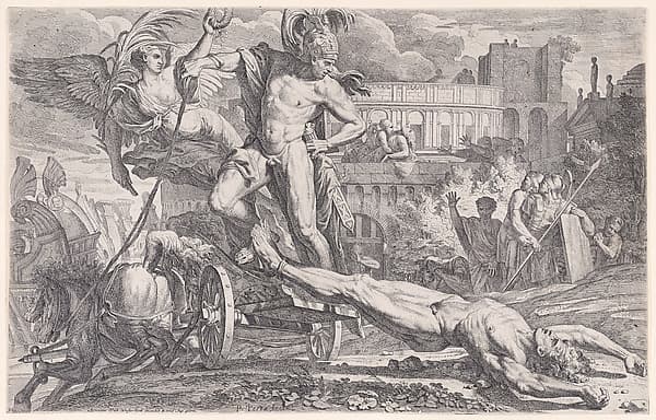 Achilles dragging the body of Hector around the walls of Troy, by Pietro Testa