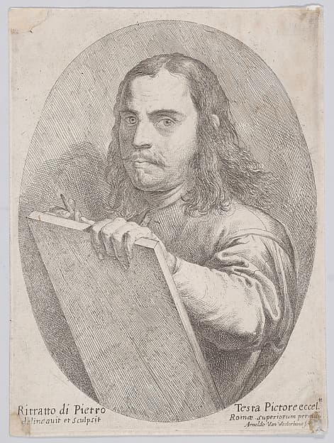 Self portait as an artist, holding a drawing board and implement, by Pietro Testa