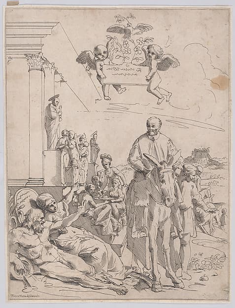 An allegory with Innocent X who is seated on horsback on the right, figures represting Rome in the lowe left, by François Collignon