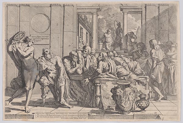 Plato's symposium: Socrates and his companions seated around a table discussing ideal love interruputed by Acibiades at left, by Pietro Testa