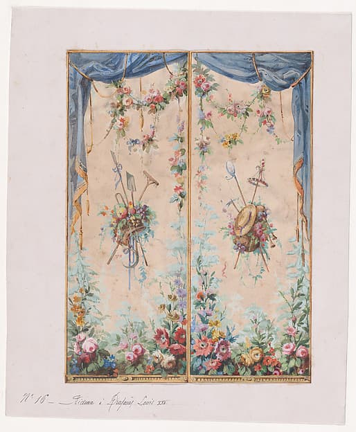 Design for a Valance in the Style of Louis XVI with Bushes and Garlands of Flowers and Containing Two Decorative Bunches of Leaves, Fruits and Flowers Holding Gardening Utensils and a Straw Hat, by Anonymous, French, 19th century