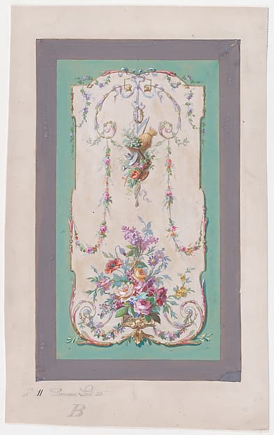 Design for a Panel with a Large Bundle of Flowers and Leaves and a Hanging Thin Bundle Containing Gardening Tools Inside an Ornamental Frame Decorated with Thin Garlands of Flowers and Leaves, by Anonymous, French, 19th century