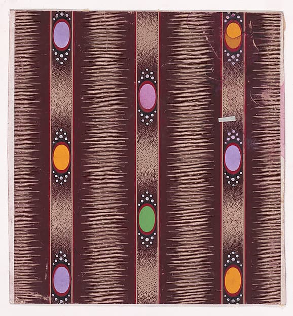Textile Design with Vertical Stripes of Ribbon Decorated with Ovals Flanked by Pearls over a Glitched Background, by Anonymous, Alsatian, 19th century
