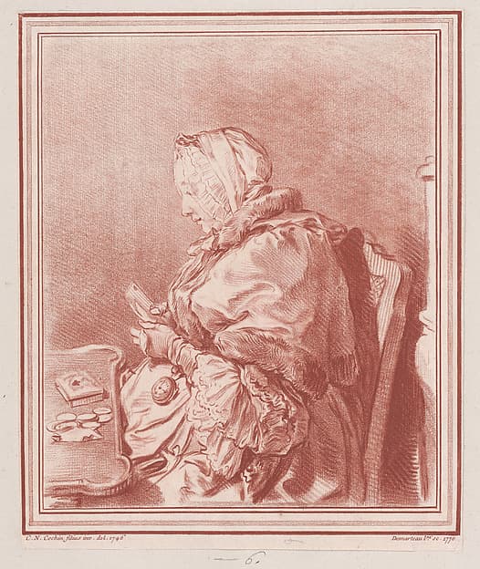 Woman playing cards, by Gilles Demarteau