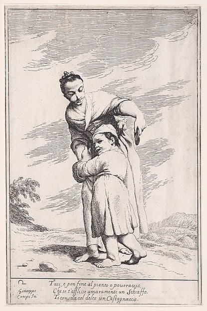 Plate 16: Menghina quiets Cacasenno with a chestnut cake, from "Bertoldo, Bertoldino, and Cacasenno", by Giuseppe Maria Crespi