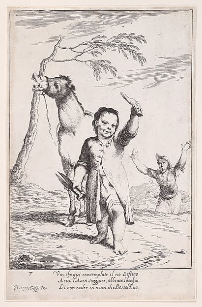 Plate 14: Bertoldino cutting off the ears of a gardener's donkey, from "Bertoldo, Bertoldino, and Cacasenno", by Giuseppe Maria Crespi