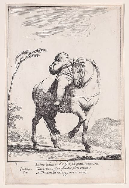 Plate 18: Cacasenno on horseback, from "Bertoldo, Bertoldino, and Cacasenno", by Giuseppe Maria Crespi