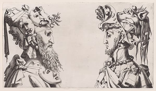 Two Fantastical Masked Masculine Heads, by Anonymous, 16th century