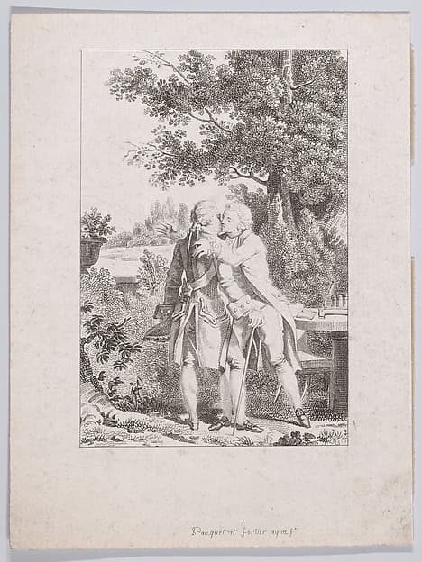 C’est dans un de ces transports d’attendrissement que je dis à M. de Luxembourg en l’embrassant (I said this to M. de Luxembourg as I embraced him during a moment of tenderness), from J. J. Rousseau's "Confessions", by Charles Abraham Chasselat