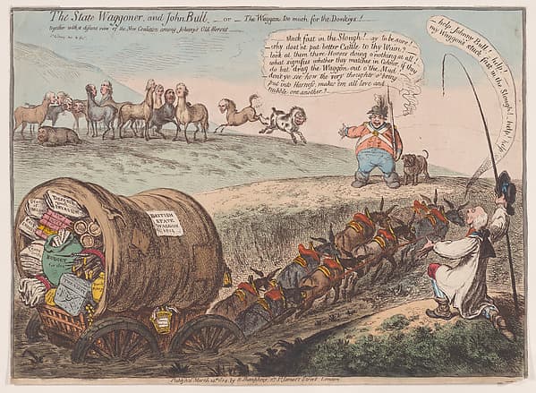 The State Waggoner and John Bull.–or–the Waggon too Much for the Donkeys!, by James Gillray
