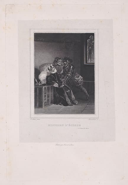 Mary, Queen of Scots being urged by Sir Robert Melville to abdicate (from "Oeuvres de Walter Scott: Histoire d'Écosse," series one, volume 26, chapter 29), by Pierre-Léonard Dandeleux