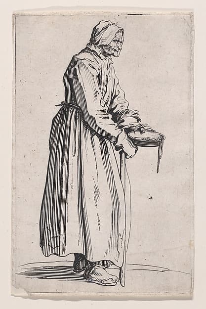 La Mendiante a la Sébille (The Female Beggar with the Begging Bowl), from "Les Gueux suite appelée aussi Les Mendiants, Les Baroni, ou Les Barons" (The Beggars, also called the Barons), by Jacques Callot