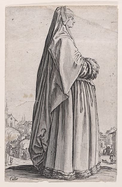 La Dame Coiffée d'un Grand Voile et a la Robe Bordée de Fourrures (The Lady with a Large Veil and with a Fur-Lined Robe), from "La Noblesse" (The Nobility), by Jacques Callot