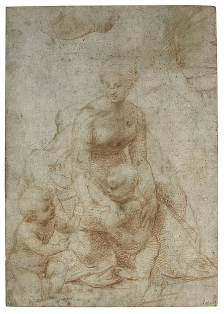 Madonna and Child with the Infant Saint John the Baptist; upper left, Study for the Right Arm of the Infant Saint John; upper right, Study for Drapery (recto); Study of a Nude Male Figure (verso), by Raphael (Raffaello Sanzio or Santi)
