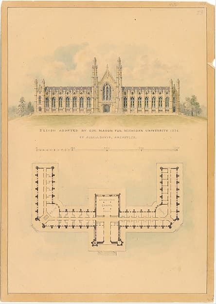 Design Adopted by Governor Mason for University of Michigan (elevation and plan), by Alexander Jackson Davis