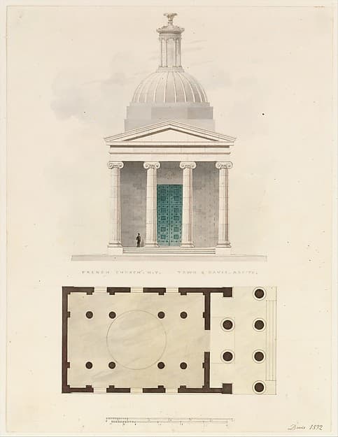 Church of the French Protestants (Eglise Français du Saint Esprit), New York (front elevation and plan), by Alexander Jackson Davis