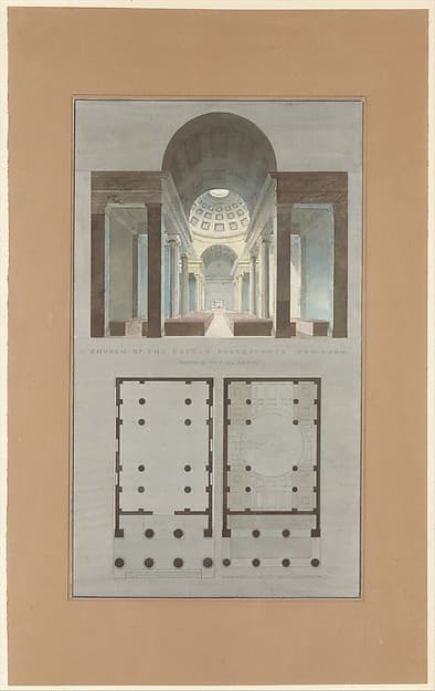 Church of the French Protestants (Eglise Français du Saint Esprit), New York (section and plan), by Alexander Jackson Davis
