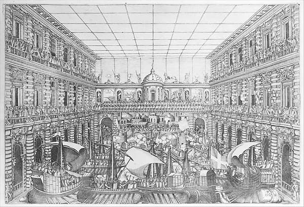 Naumachia in the Court of Palazzo Pitti, from an Album with Plates documenting the Festivities of the 1589 Wedding of Arch Duke Ferdinand I de’ Medici and Christine of Lorraine, by Orazio Scarabelli