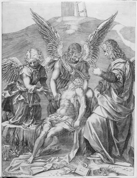 The Body of Christ Supported by Three Angels, by Agostino Veneziano (Agostino dei Musi)