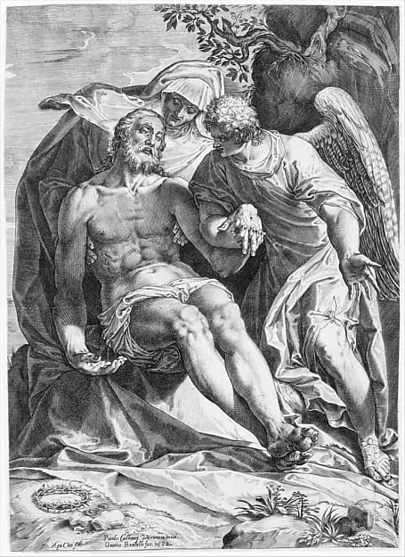 Pietà: Christ supported by the Virgin and an angel at the right, by Agostino Carracci