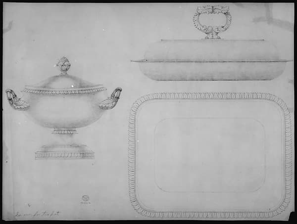 Design for a tea-pot, verso: design for a covered dish and bowl, by Thomas Fletcher