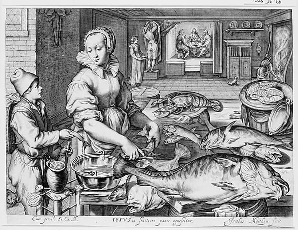 Kitchen Scene with Kitchen Maid Preparing Fish, Christ at Emmaus in the Background, from Kitchen and Market Scenes with Biblical Scenes in the Background, by Jacob Matham