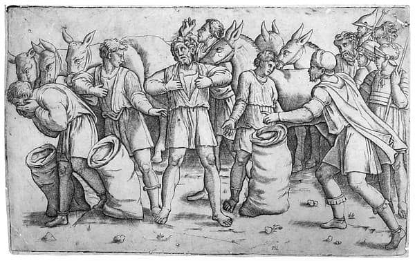 Joseph's cup found in Benjamin's sack from the biblical story of Joseph (Genesis 44); a scene with soldiers, mules and various figures, by Giovanni Antonio da Brescia