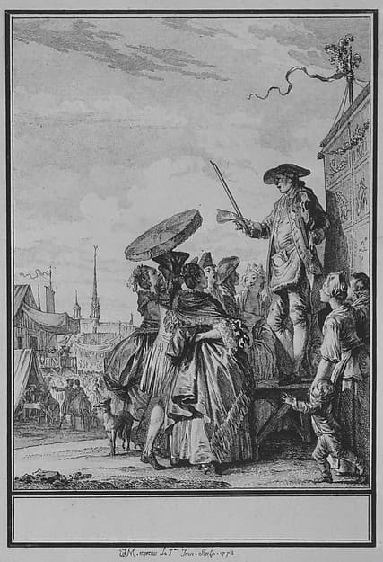 La Foire de Gonesse, from Choix de chasons mises in musique par M. De La Borde, Premier Valet-de-Chambre ordinaire du Roi, Gouverneur du Louvre. Ornées d'Estampes Par J.M. Moreau, Dédiées à Madame la Dauphine. A Paris Chez de Lormel, Imprimeur de l'Academie Royale de Musique rue du Foin Siant-Jacques. MDCCLXXIII. Avec Aprobation et Privilège du Roi. Gravées par Moria et M.lle Vendôme, by Jean Michel Moreau le Jeune