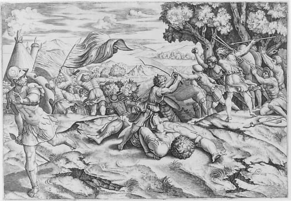 David raising sword to decapitate a fallen Goliath among battling soldiers, by Marcantonio Raimondi