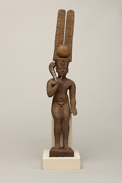 Seated Harpokrates with the crown of Amun, named as "Harpokrates-the-great, the eldest, the first of Amun"