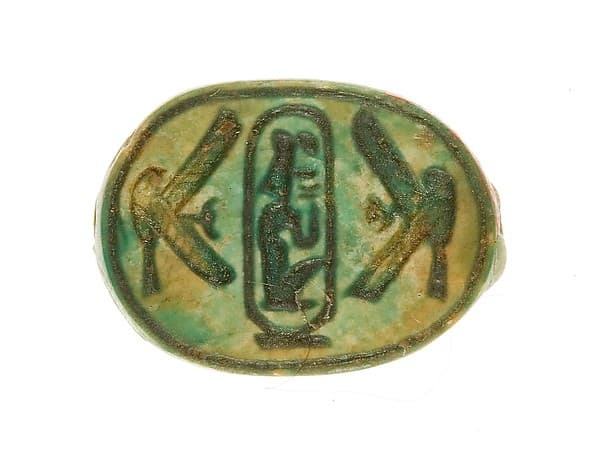 Scarab Inscribed Lord of the Two Lands Maatkare (Hatshepsut) Flanked by Two Falcons