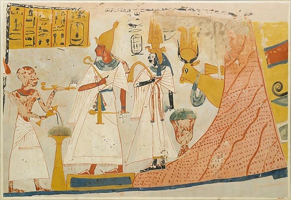 Deceased censing and libating to the deified Mentuhotep and Ahmose-Nefertari, with the Hathor cow emerging from the mountain; Tomb of Ameneminet, by Charles K. Wilkinson