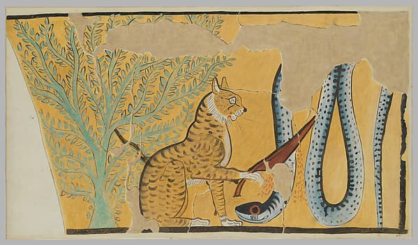 Wall painting of a cat killing a serpent, by Charles K. Wilkinson