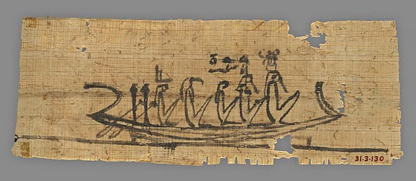 Papyrus fragment with a painting of Khepri, Shu, Tefnut, Thoth, and Isis in a solar boat