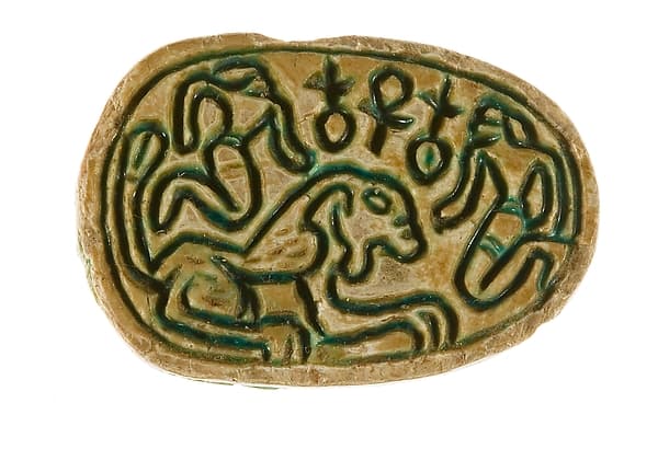 Canaanite Scarab with Two Men and a Lion