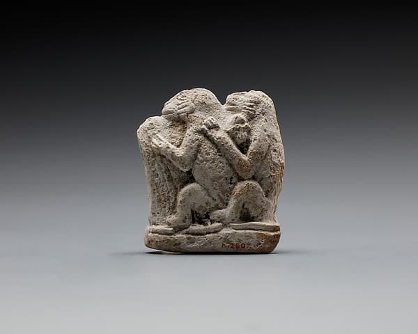 Monkey couple, the first playing a harp?