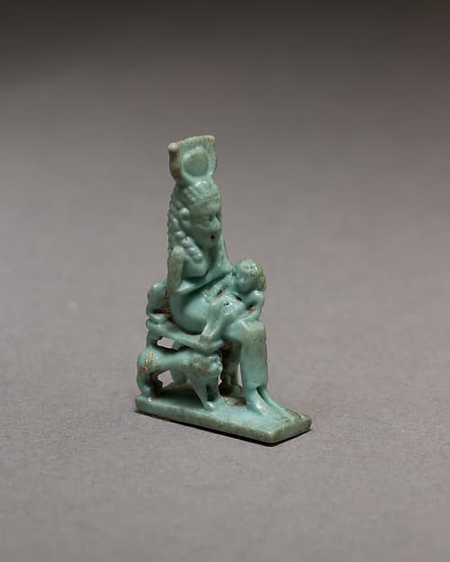Isis nursing Horus on throne supported by striding lions