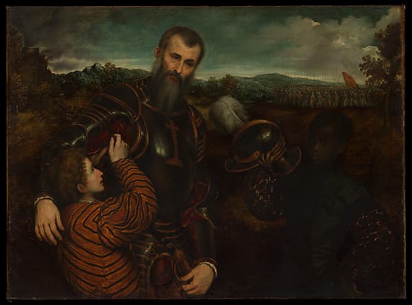 Portrait of a Man in Armor with Two Pages, by Paris Bordon