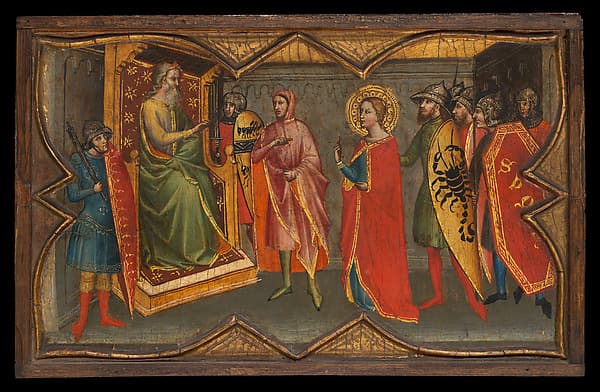 Saint Lucy and Her Mother at the Shrine of Saint Agatha; Saint Lucy Giving Alms; Saint Lucy before Paschasius; Saint Lucy Resisting Efforts to Move Her, by Giovanni di Bartolommeo Cristiani