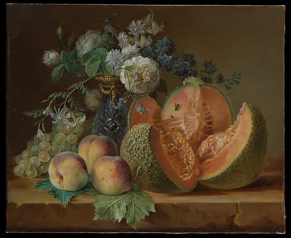 Still Life with a Vase of Flowers, Melon, Peaches, and Grapes, by Charlotte Eustache Sophie de Fuligny Damas, marquise de Grollier