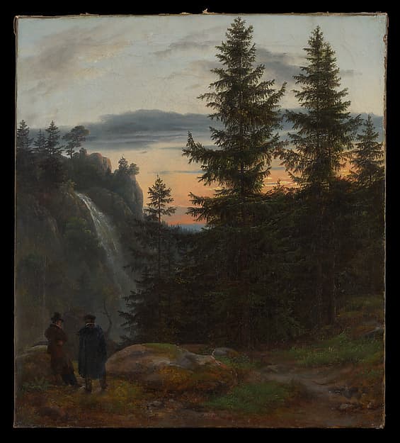 Two Men before a Waterfall at Sunset, by Johan Christian Dahl