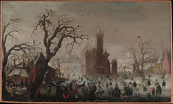 A Winter Landscape with Ice Skaters and an Imaginary Castle, by Christoffel van den Berghe