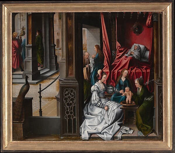 The Birth and Naming of Saint John the Baptist; (reverse) Trompe-l'oeil with Painting of The Man of Sorrows, by Bernard van Orley