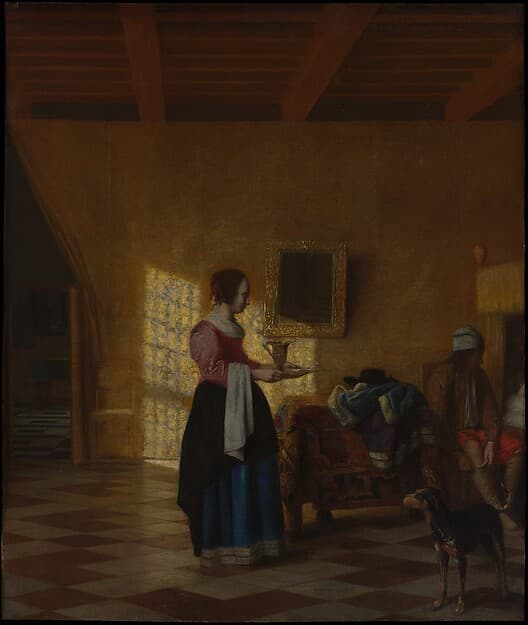 Woman with a Water Pitcher, and a Man by a Bed, by Pieter de Hooch