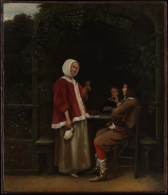 A Woman and Two Men in an Arbor, by Pieter de Hooch