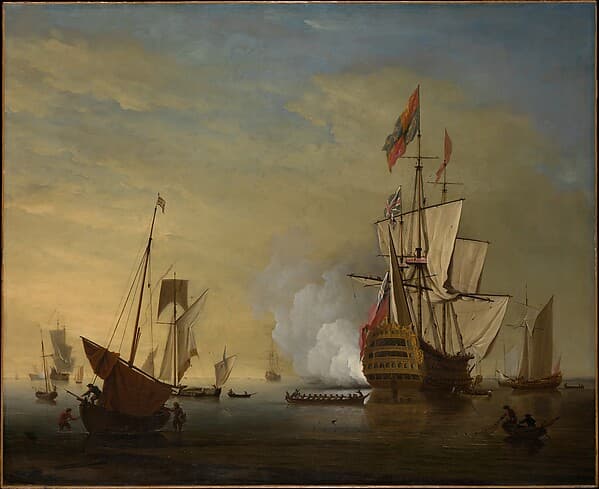 Harbor Scene: An English Ship with Sails Loosened Firing a Gun, by Peter Monamy