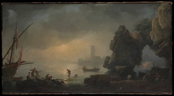 Harbor Scene with a Grotto and Fishermen Hauling in Nets, by Joseph Vernet